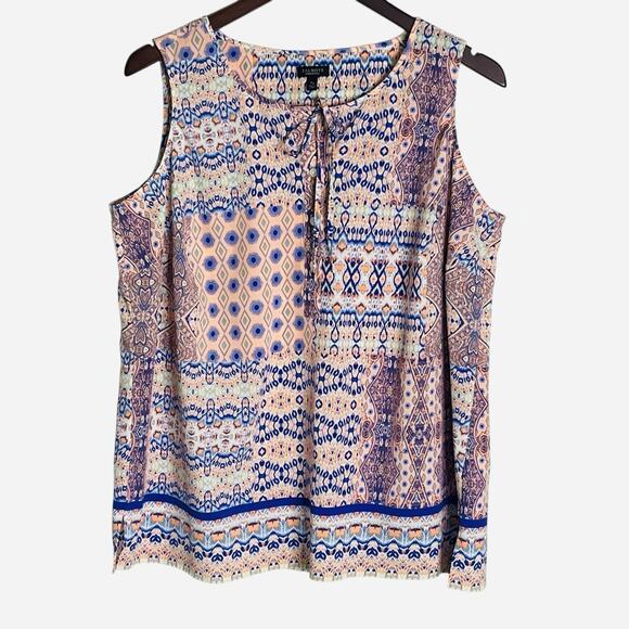 Talbots Petites Tunic Top Size X P Lightweight Half Button Tie Neck Mixed Print - Picture 1 of 8